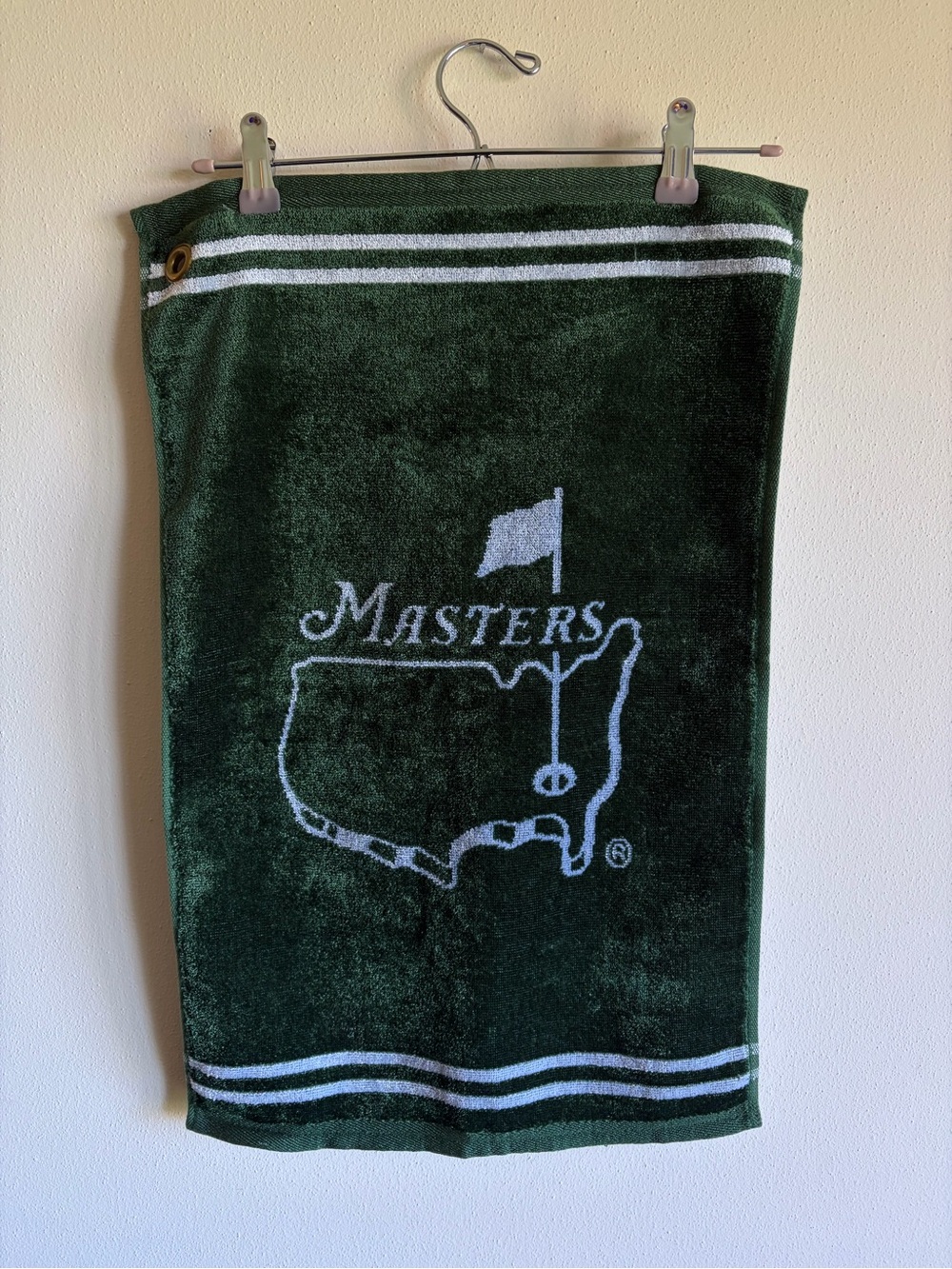 Masters Dark Green Performance Golf Towel with White Logo and Map
